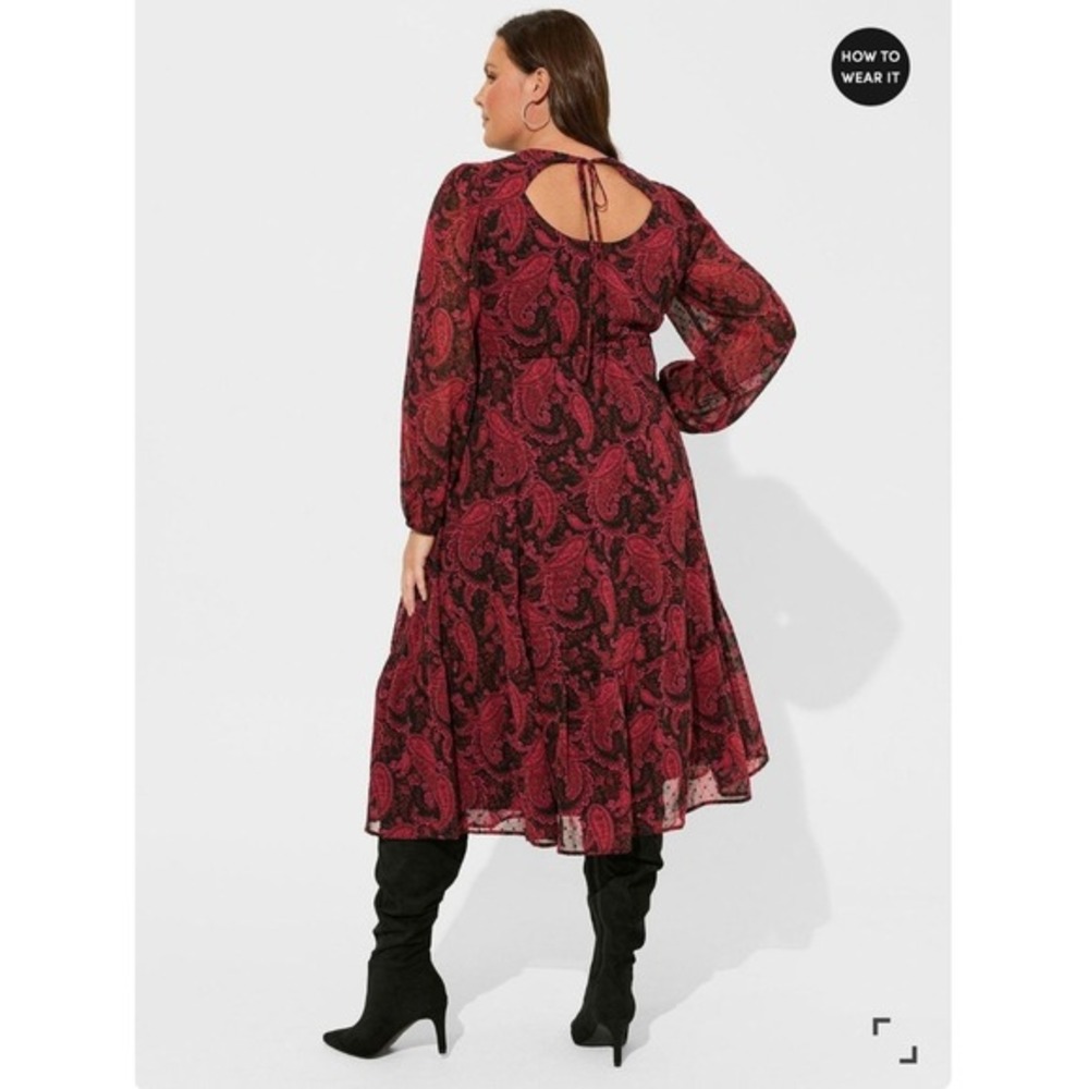 Torrid Midi Dress Tea Length Clip Dot Open Back A-Line Witchy 2 Paisley Black - Picture 3 of 11
